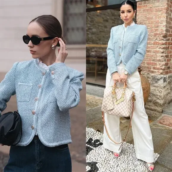 Goelia Tweed Round Neck Jacket Blue White Jacquard - Picture 1 of 13